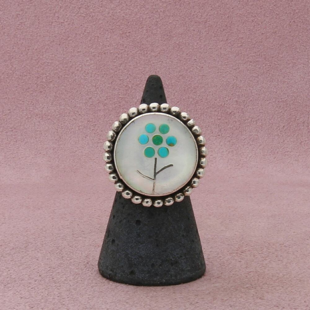 zuni sterling silver vintage mother-of-pearl turquoise inlay flower ring size 5